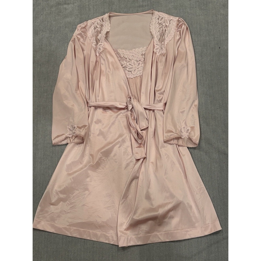 Vintage Lorraine Pink Poly Satin Robe Slip Gown USA Sz Small Lace Insets